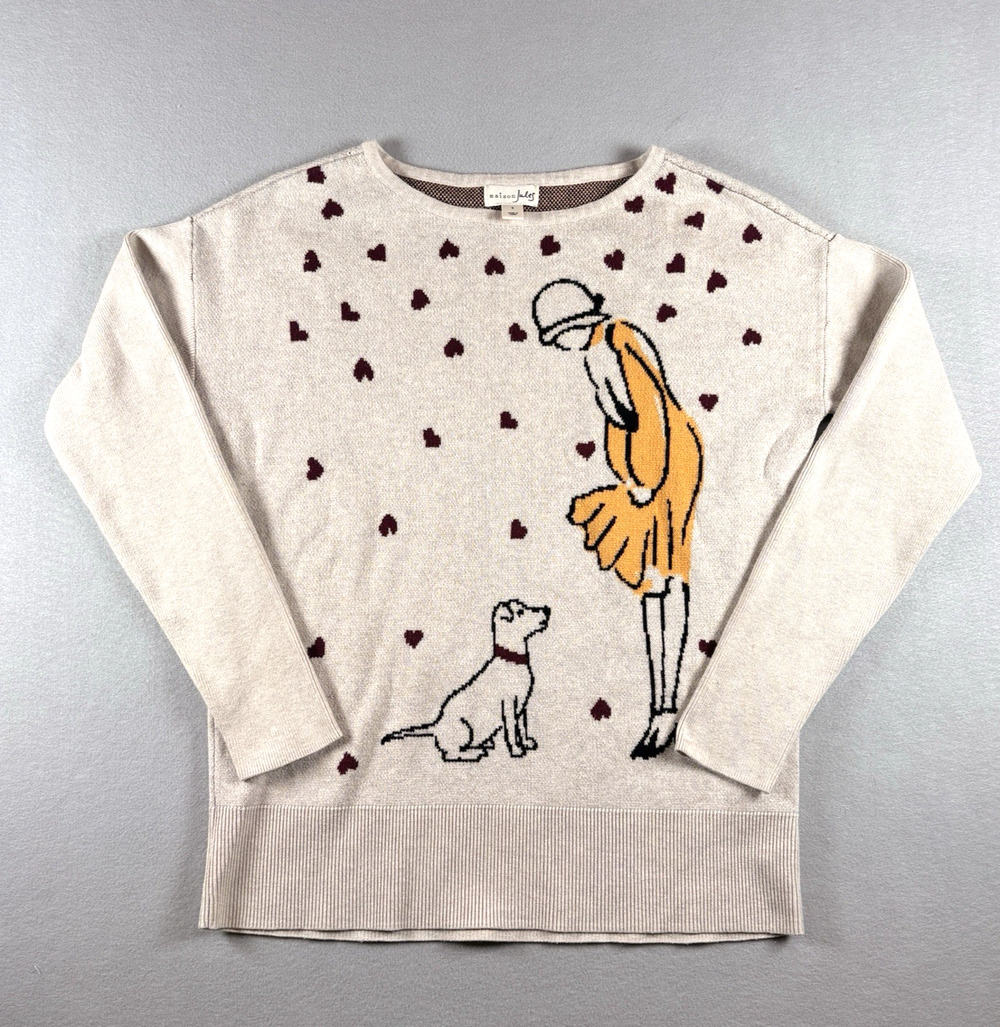 Maison Jules Women's Small Oatmeal Girl Dog Novelty Print Sweater